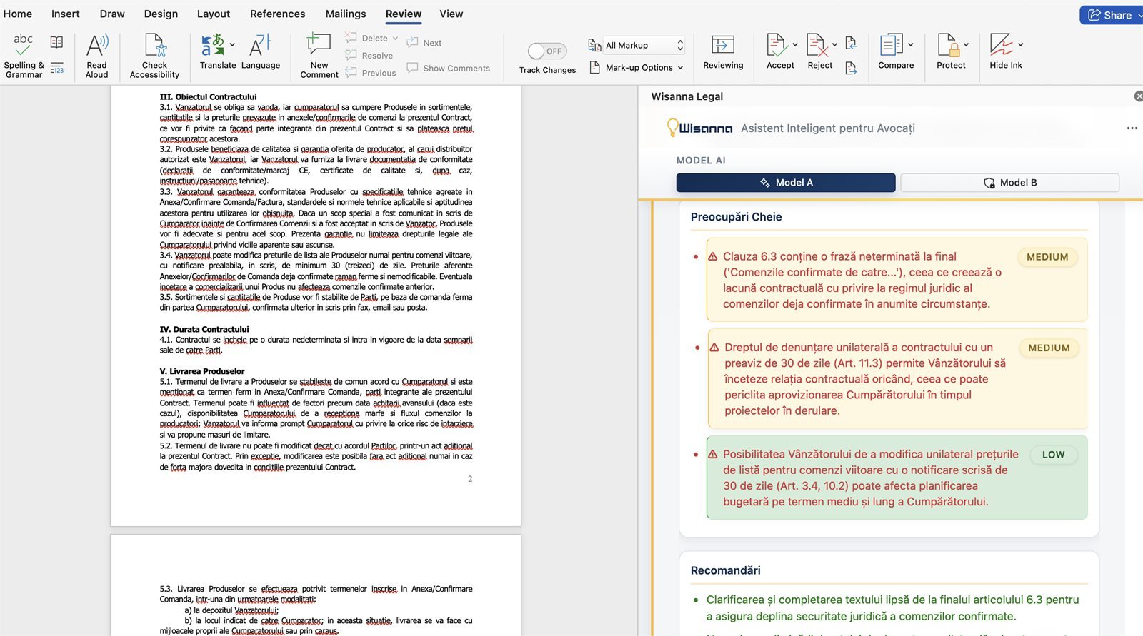 Wisanna inside Microsoft Word: contract risk analysis with ranked concerns and recommendations