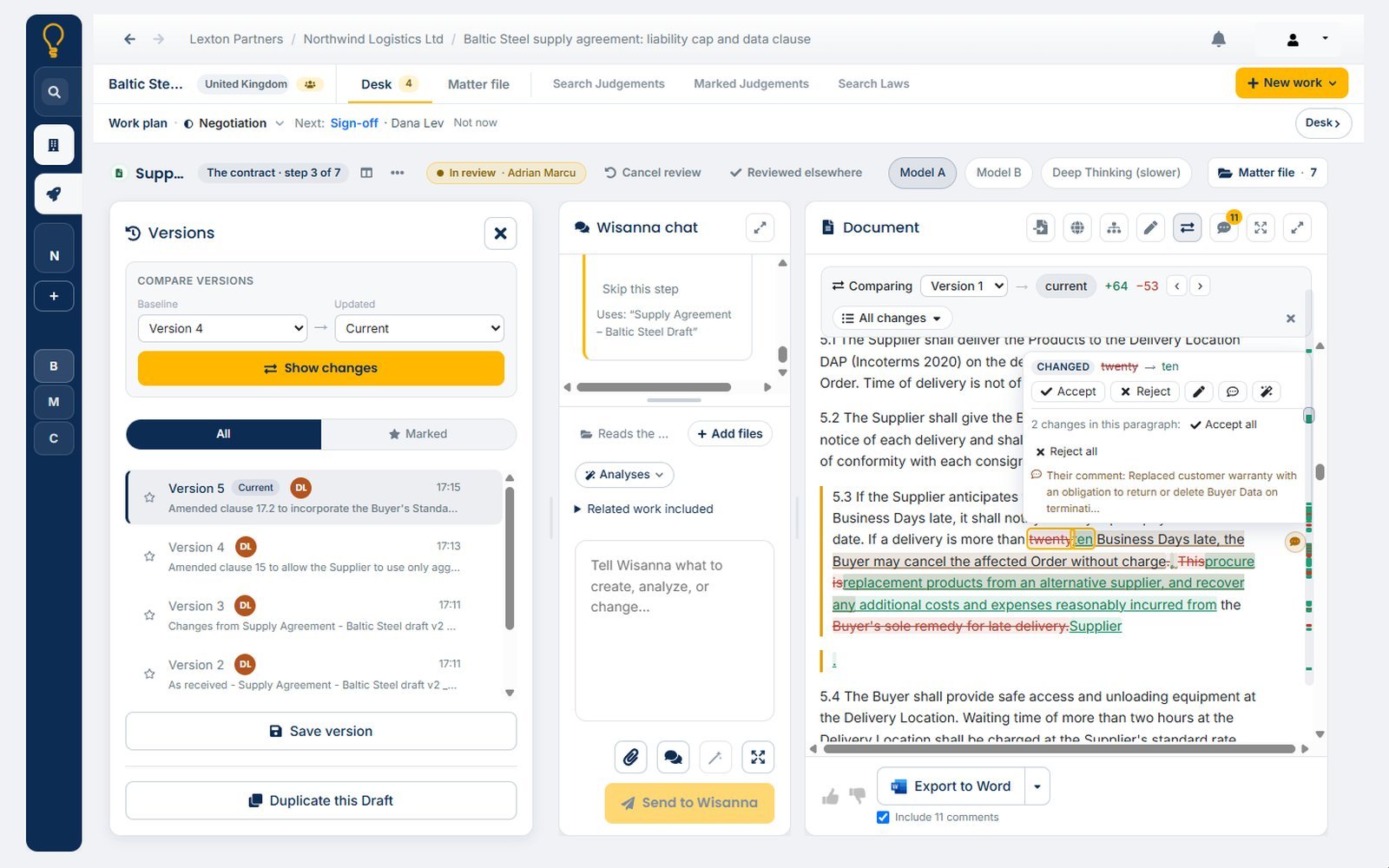 Draft in Wisanna: a document with three versions and the review panel