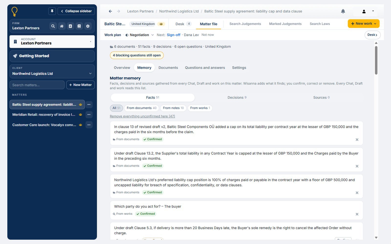 The matter file in Wisanna: the Memory section with facts, decisions and sources
