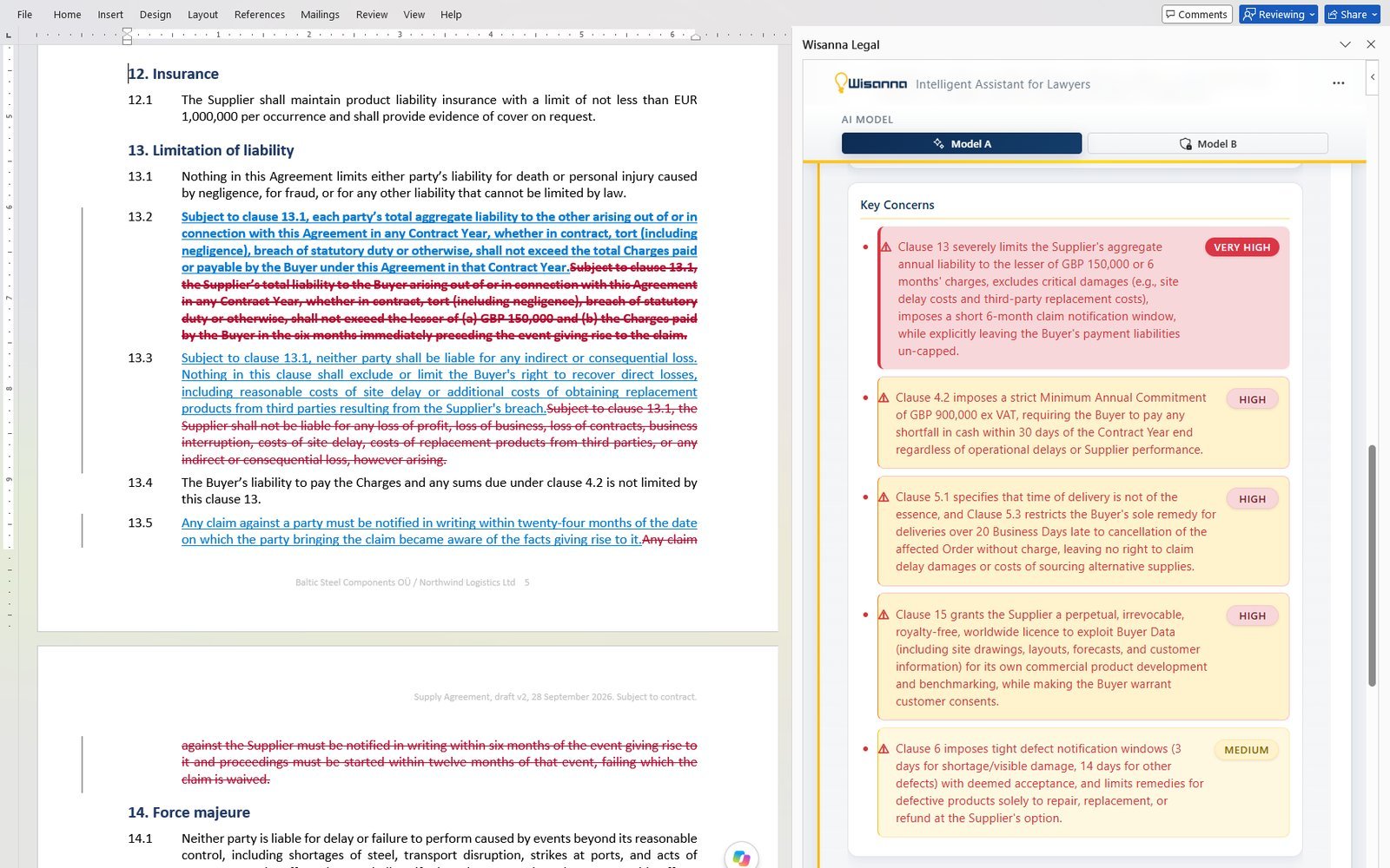 Wisanna inside Microsoft Word: a contract reviewed with tracked changes and comments