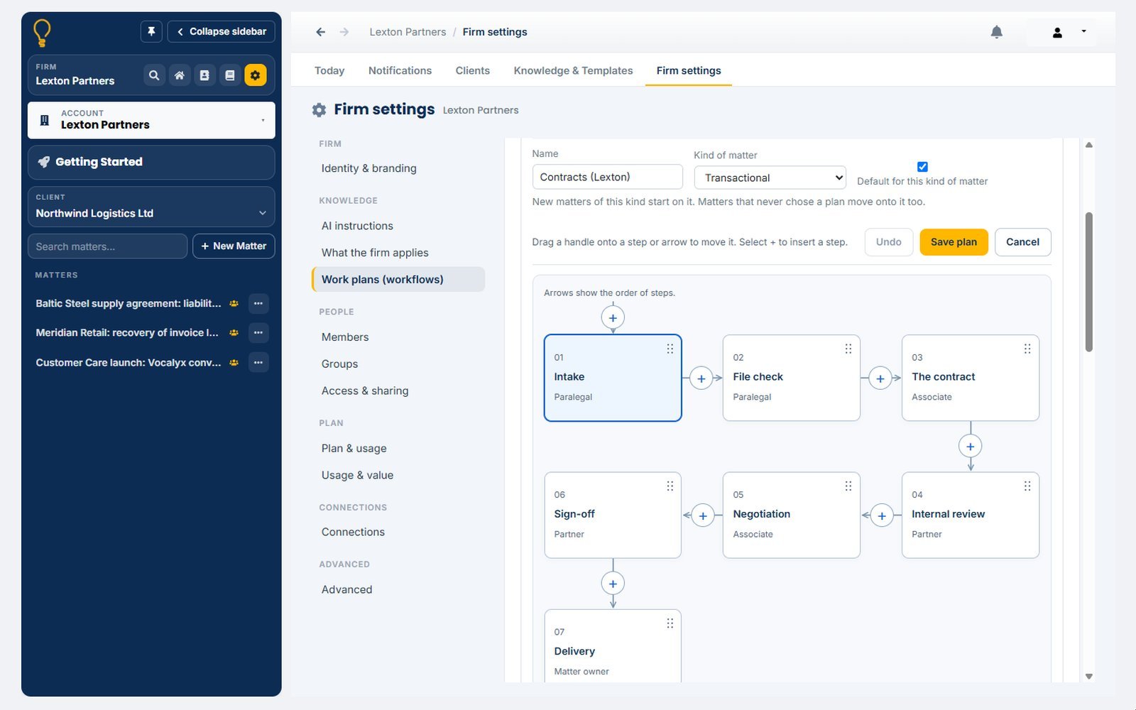 Firm settings in Wisanna: the work plan editor with eight steps and their owner roles