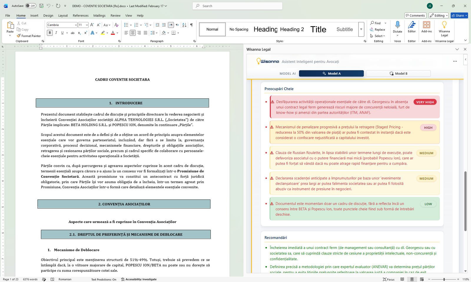 Wisanna inside Microsoft Word: contract risk analysis with ranked concerns and recommendations