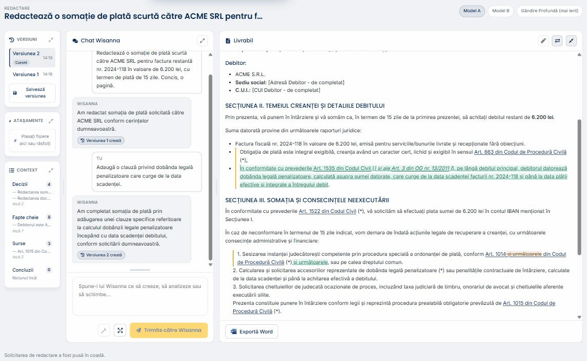 Modulul Redactare din Wisanna: istoricul versiunilor și contextul în stânga, chat-ul Wisanna în mijloc și documentul viu, cu modificările evidențiate, în dreapta
