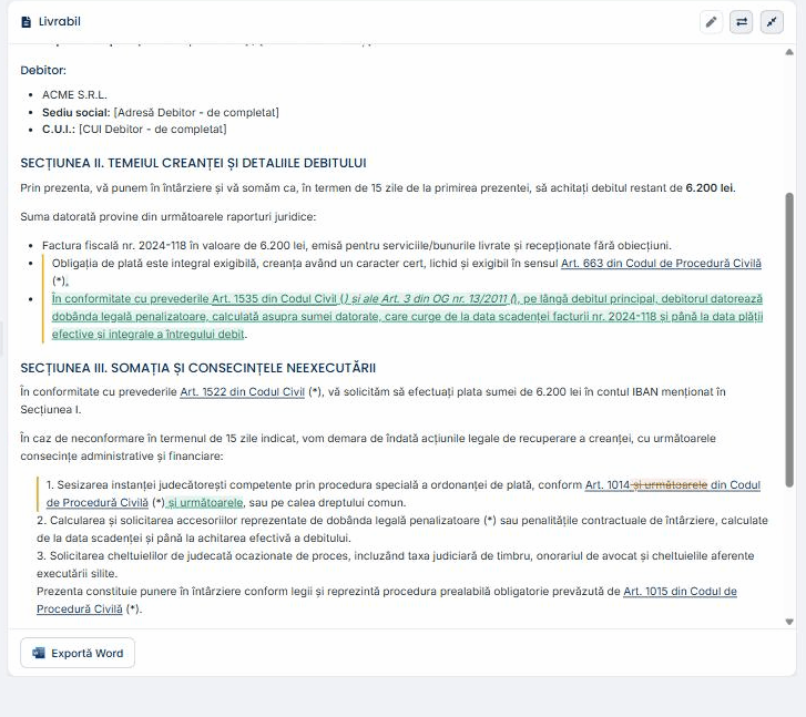 Un document Wisanna comparând două versiuni: clauza nou adăugată privind dobânda penalizatoare apare subliniată cu verde, iar textul eliminat este tăiat